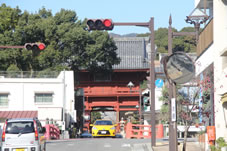 中津川に架かっている赤い橋と大門
