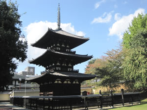 三重塔「北円堂とともに興福寺最古の建物で、高さ19.1ｍ、初層は方三間で4.8ｍ、本瓦葺き。」