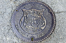 大和郡山市の汚水マンホール蓋（「わが町」の文字と共に金魚鉢で気持良さそうに泳ぐ金魚が描かれています。） 
