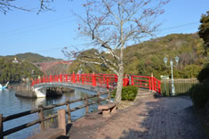 赤い橋を渡った先にある「弁天島」。恵那峡弁財天さまがまつられています。